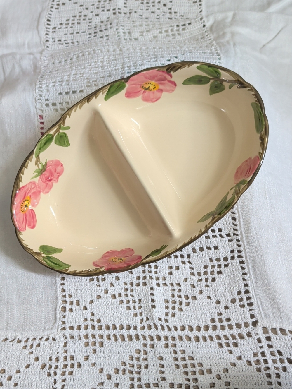 Fransican Earthenware Hand-Painted Pink Floral Divided Serving Dish